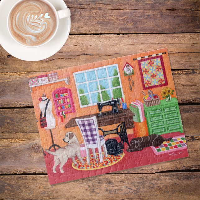 Puzzle Labradors dans la salle de couture de maman (Labradors in Mom's Sewing Room Jigsaw Puzzle featuring Labradors waiting for their Mom.  )