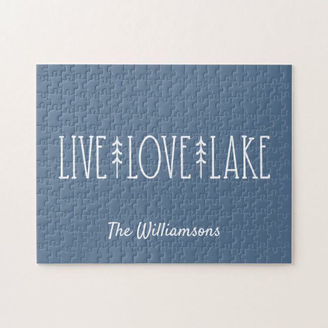 Puzzle Lake House Devis Pine Tree Personnalisé Bleu (Horizontal)