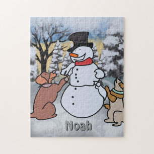 Puzzle L'amitié du bonhomme de neige, chien et chat drô