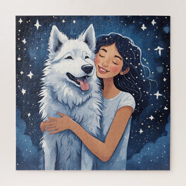 Puzzle L'amour dans les étoiles : Fille et Husky (Vertical)