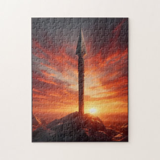 Puzzle Lance Épique dans un Paysage de Coucher de Soleil 