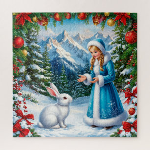 Puzzle Lapin Blanc et Jeune Fille des Neiges en Forêt hiv