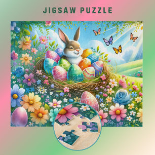 Puzzle Lapin de Pâques avec des œufs dans un jardin fleur