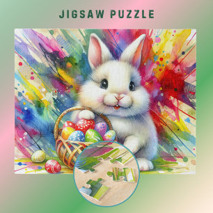 Puzzle Lapin de Pâques tenant des œufs colorés dans un pa