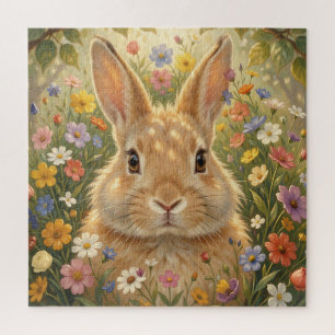 Puzzle Lapin mignon dans une prairie de fleurs vibrantes