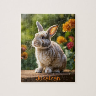 Puzzle lapin réaliste mignon sur fleurs oranges de printe