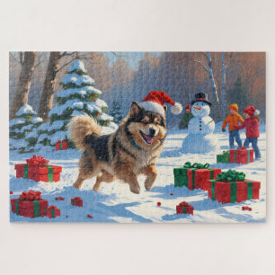 Puzzle Lapphund finlandais coule la neige avec le Casquet