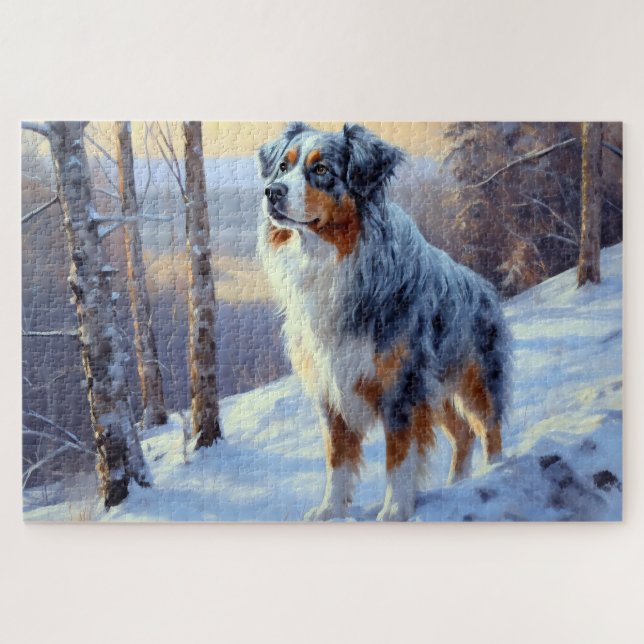 Puzzle Le Berger Australien Laisser Neige Noël (Horizontal)