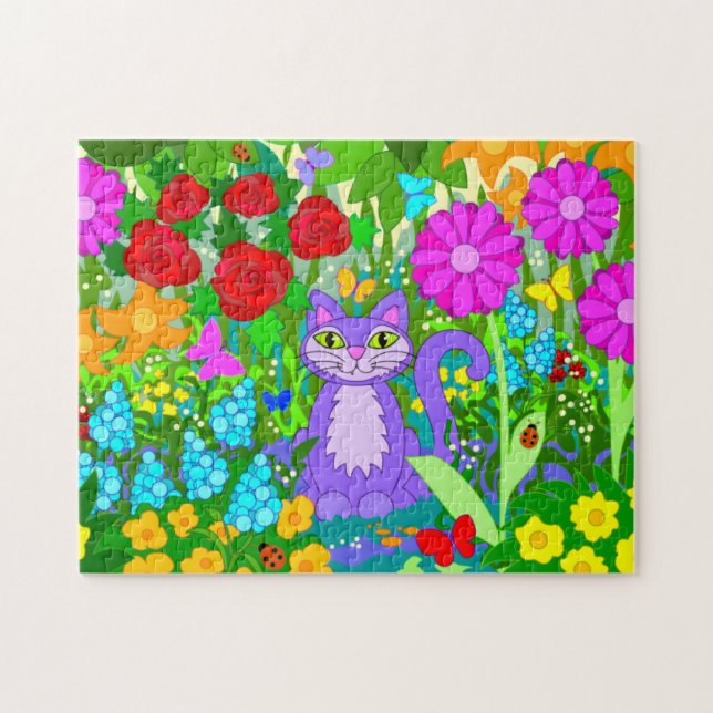 Puzzle Le chat de bande dessinée dans le jardin fleurit (Horizontal)