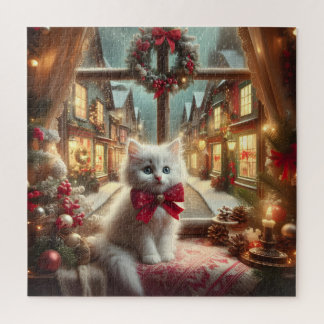 Puzzle Le chaton de Noël à la fenêtre.