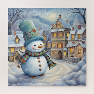 Puzzle Le gentil bonhomme de neige dans le village