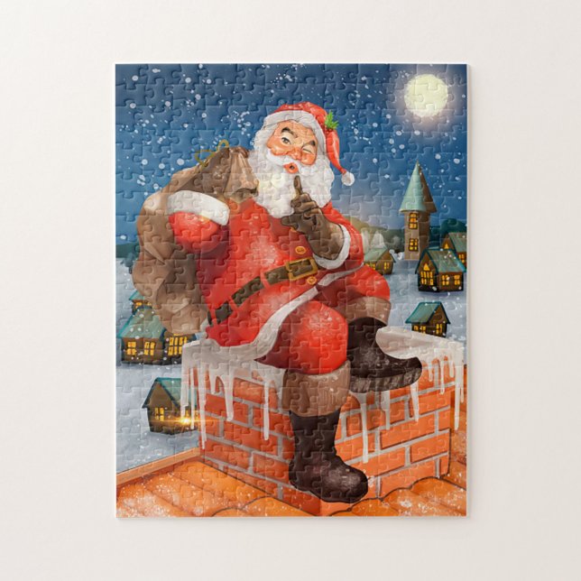 Puzzle Le Père Noël Sur Le Toit (A cheerful Santa Claus sitting on a snowy rooftop, with a playful finger to his lips!)