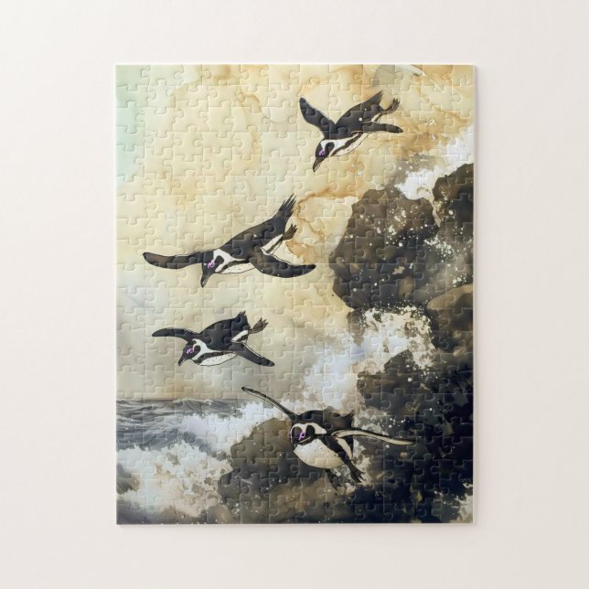 Puzzle Leap into the Sea - African Penguins, Japanese Art (Vertical)