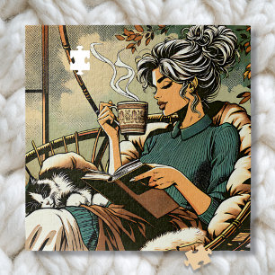 Puzzle Lecture douce Lady avec café et chat