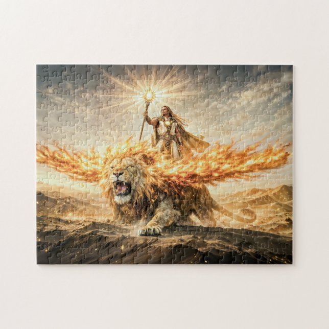 Puzzle Leo Zodiac with Warrior Riding a Fiery Winged Lion (Horizontal)