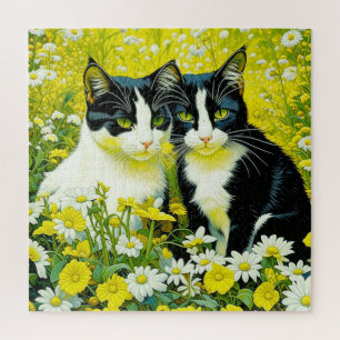 Puzzle Les chats adorables assis dans un champ de marguer