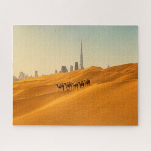 Puzzle Les déserts Vue Skyline de Dubaï avec chameaux