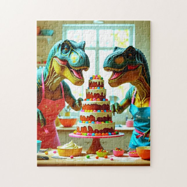 Puzzle Les dinosaures font équipe pour cuisiner un gâteau (Vertical)
