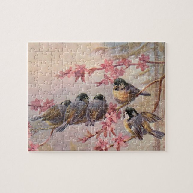 Puzzle Les oiseaux chiches en fleurs roses Printemps Vint (Horizontal)