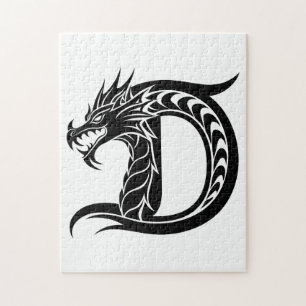 Puzzle Lettre D de style dragon, alphabet du dragon, mono