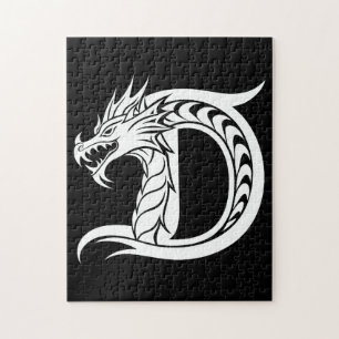 Puzzle Lettre D de style dragon, alphabet du dragon, mono