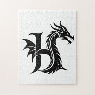 Puzzle Lettre H de style dragon, alphabet du dragon, mono