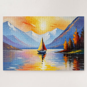 Puzzle Lever de soleil sur un lac et des montagnes enneig