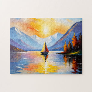 Puzzle Lever de soleil sur un lac et des montagnes enneig