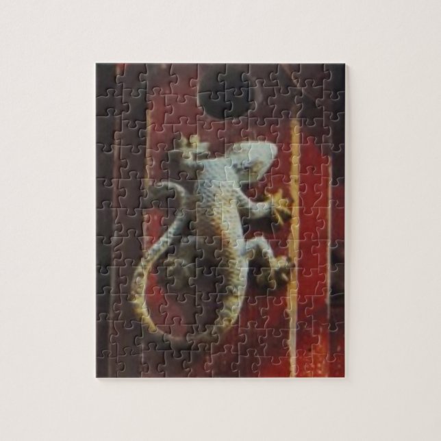 Puzzle lézard gris sur bois usé (Vertical)