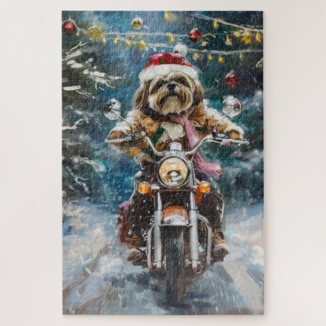 Puzzle Lhasa Apso Chien à cheval Moto Noël (Vertical)