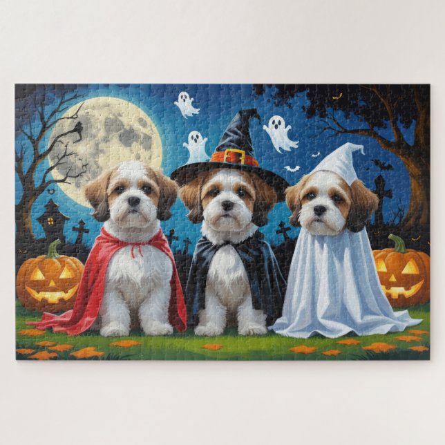 Puzzle Lhasa Apso Chiens Citrouille Halloween Funny (Horizontal)
