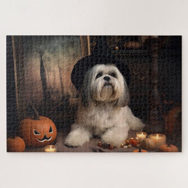 Puzzle Lhasa Apso Citrouille Halloween effrayant (Horizontal)