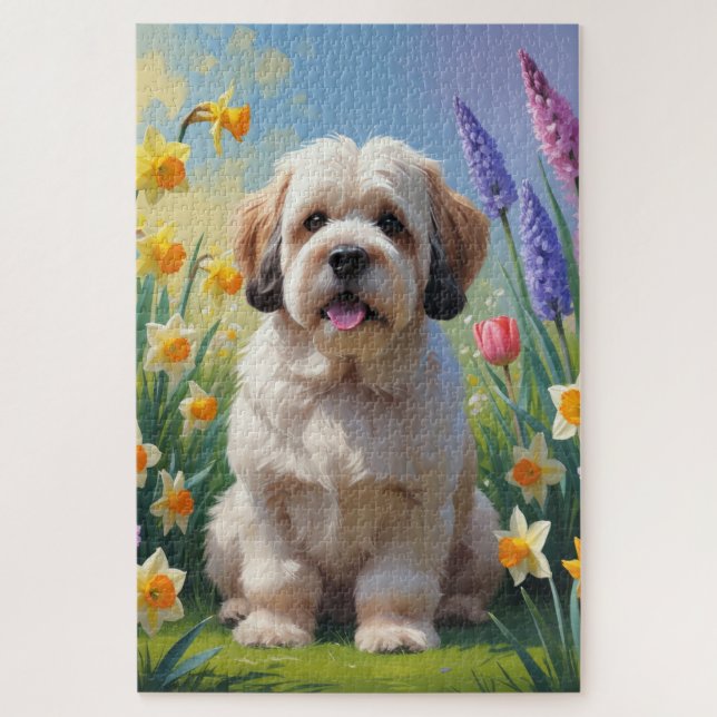 Puzzle Lhassa Apso Dog Fleurs de printemps Peinture (Vertical)