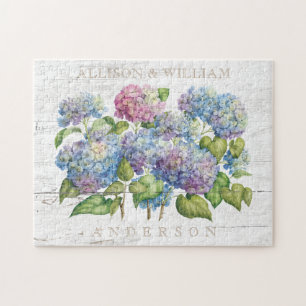 Puzzle L'hortensia bleu en bois rustique couple décoré