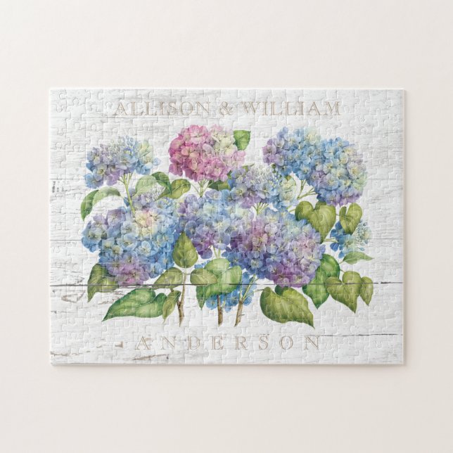 Puzzle L'hortensia bleu en bois rustique couple décoré (Horizontal)