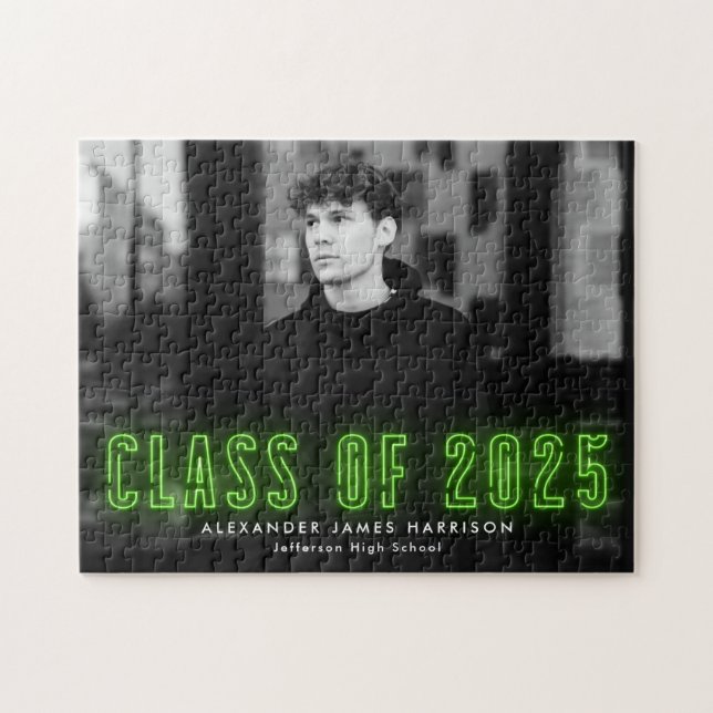Puzzle Lime Green Neon Classe de 2025 Graduation Photo (Horizontal)