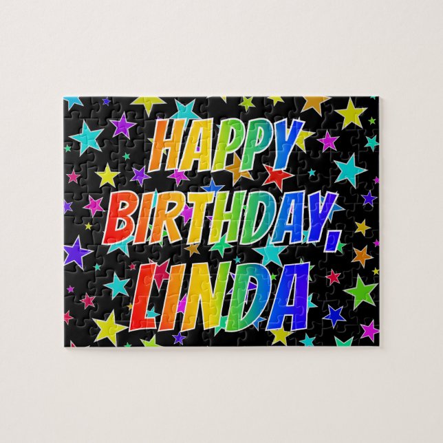 Puzzle "LINDA" Prénom, Amusant "HEUREUX ANNIVERSAIRE" (Horizontal)