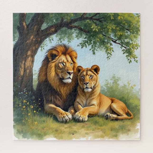 Puzzle Lion et lionne côte à côte sous l'arbre (Vertical)
