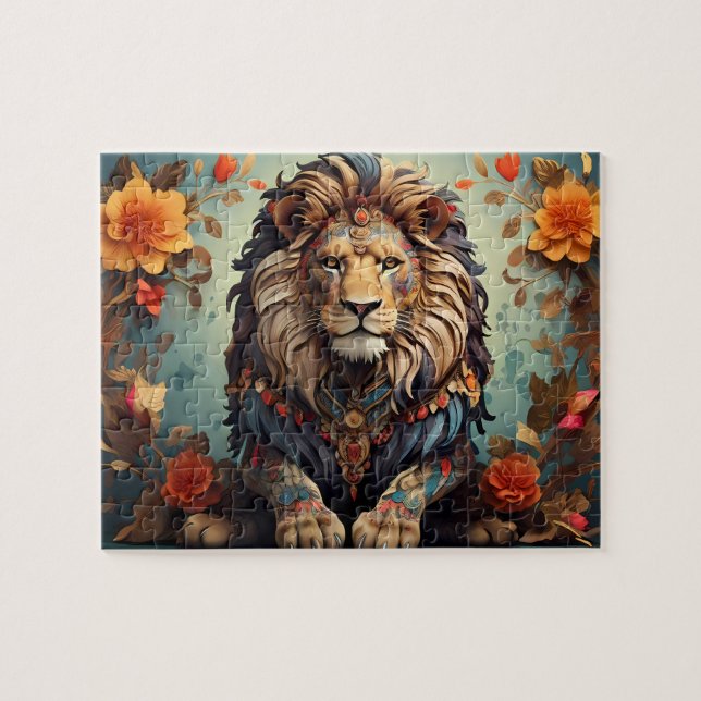 Puzzle Lion majestueux parmi les fleurs (Horizontal)