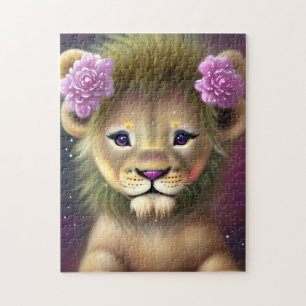 Puzzle Lion mignon bébé avec fleurs roses Graphique