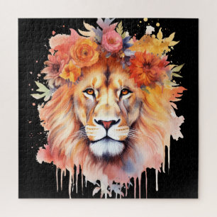Puzzle Lion Pastel Fleurs Safari Aquarelle Savannah Chat