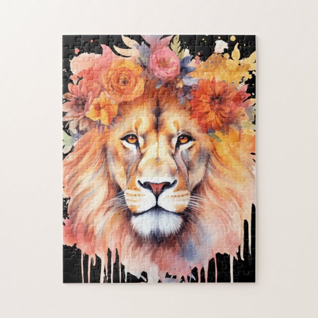 Puzzle Lion Pastel Fleurs Safari Aquarelle Savannah Chat (Vertical)