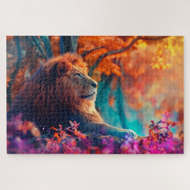 Puzzle Lion royal dans la conception forestière enchantée (Horizontal)