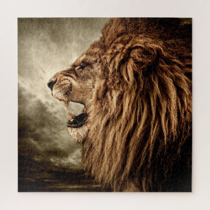 Puzzle Lion rugissant : Art Vintage majestueux.