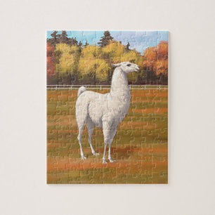 Puzzle Llama blanche dans les pâturages agricoles d'autom