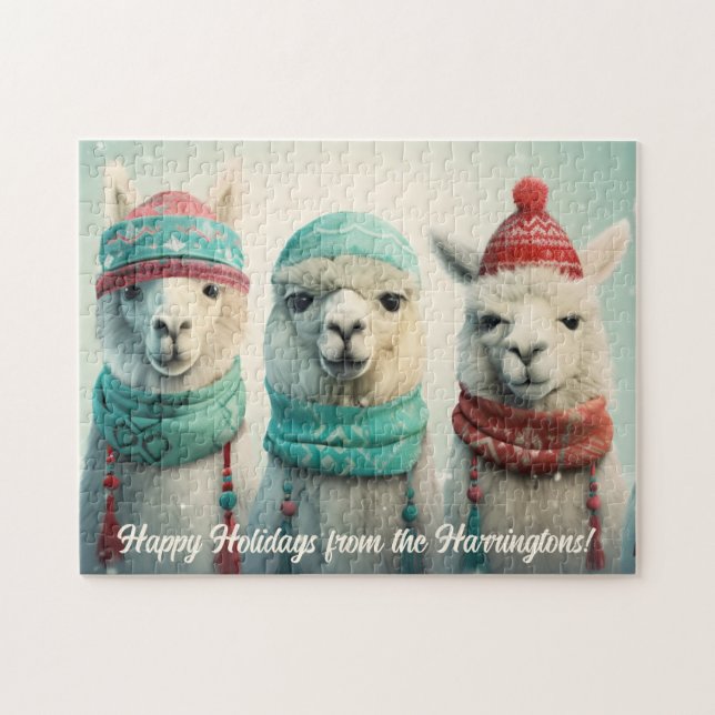 Puzzle Llamas d'hiver de texte personnalisé (Horizontal)