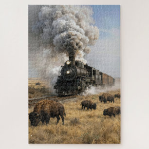 Puzzle Locomotive à vapeur avec des bisons au pâturage