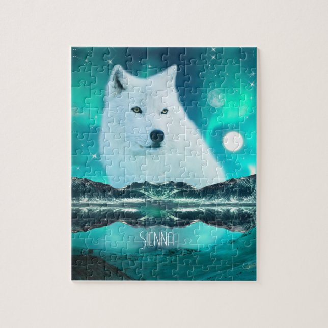 Puzzle Loup arctique et nuit magique avec aurores boréale (Vertical)