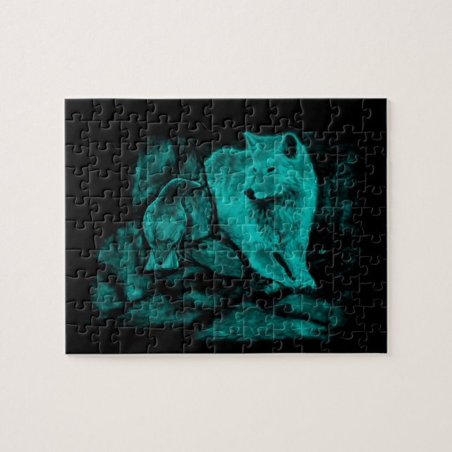 Puzzle Loup et corbeau dans la nuit (Horizontal)