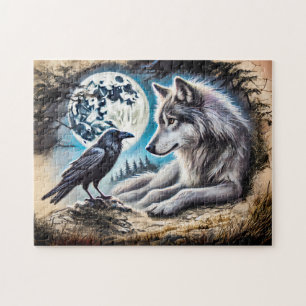 Puzzle Loup et corbeau sur un rocher à la pleine lune